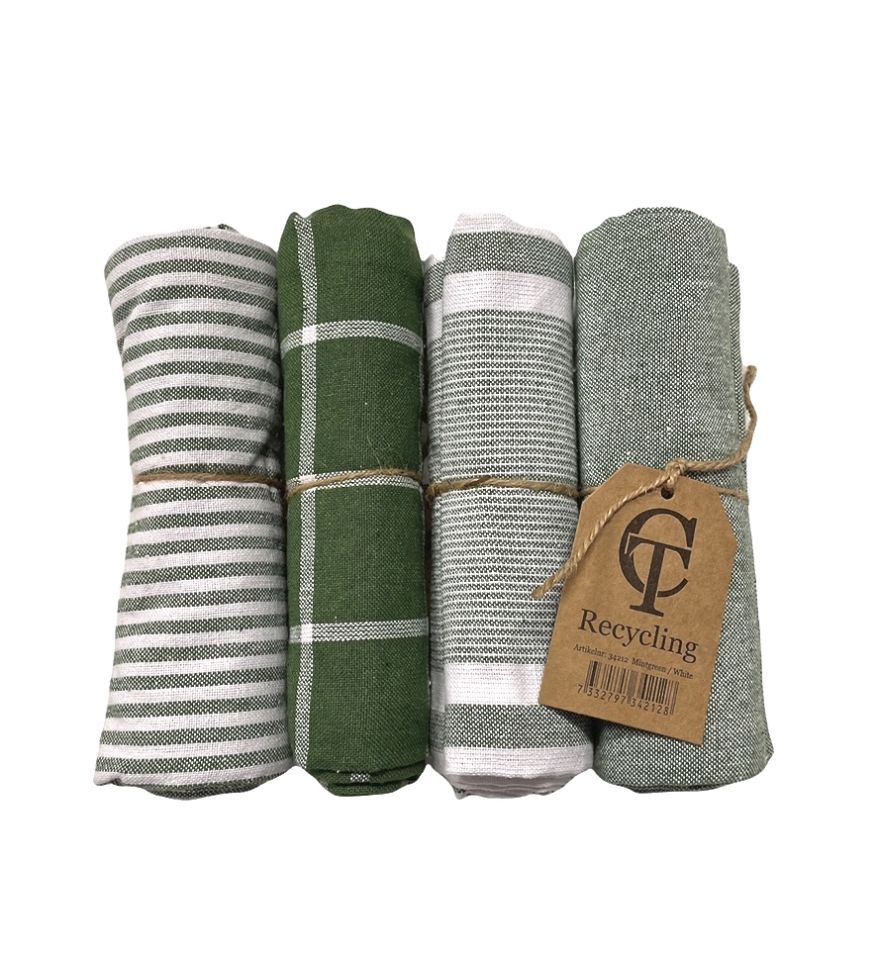 Kökshandduk från Classic textile i återvunna textilier. Färg: Grön och vitrutig.