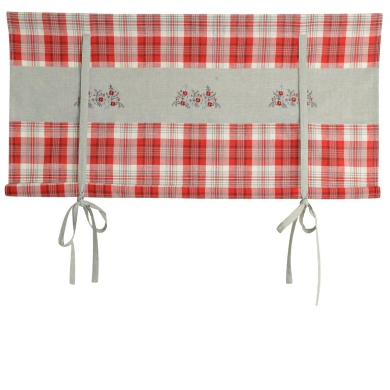 REA! Annika en knythissgardin bredd 160 cm. Färg: Röd och beigerutig med ett broderat blommönster.. - material