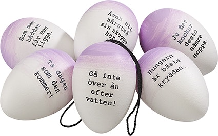 Påskägg/ordspråksägg i 6 pack i viol och vitt från Cult design att dekorera påskriset med, mått 6 cm.