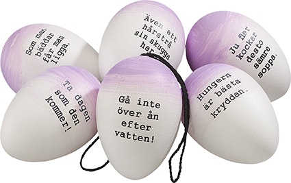 Påskägg/ordspråksägg i 6 pack i viol och vitt från Cult design att dekorera påskriset med, mått 6 cm.