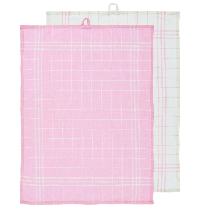 Hedda classic ett 2 pack kökshandukar med en vit och rosarutig och en rosa och vitrutig kökshandduk i 100% bomull från Noble house, mått 2 x 50 x 70 cm.