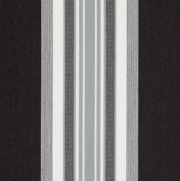 Maria svart en markisväv/uteväv i svart med vita och grå ränder i bredd 130 cm i garnfärgad akryl