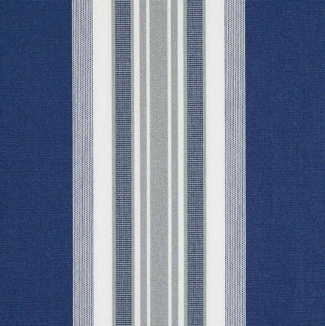 Maria blå en markisväv/uteväv i blått med vita och grå ränder i bredd 130 cm i garnfärgad akryl