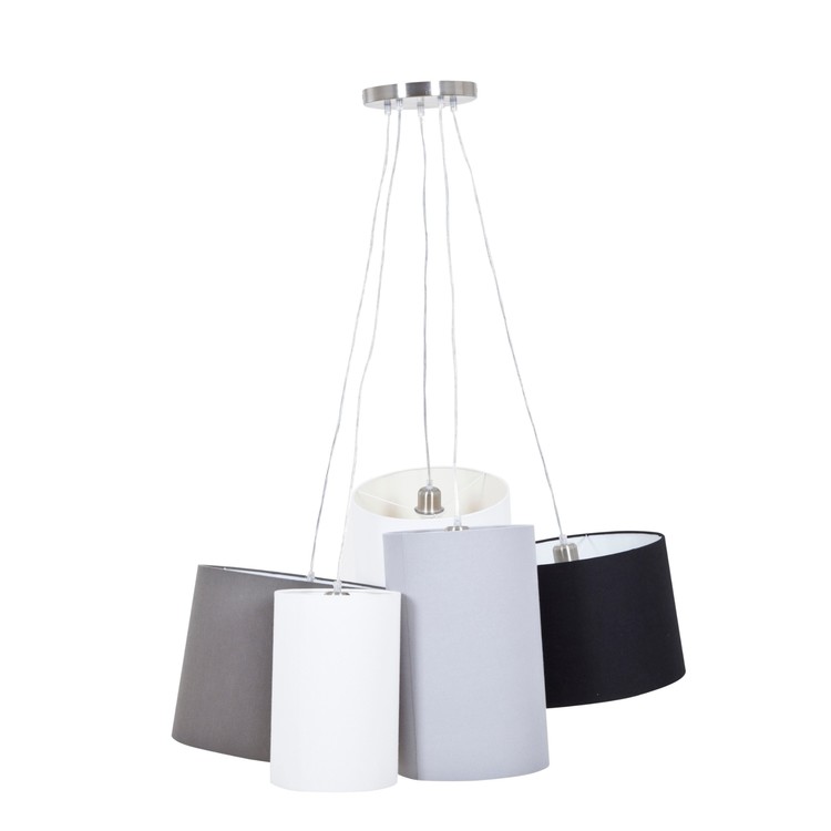 Lisse en taklampa med fem lampskärmar i offwhite, grått, beige, svart och vitt från Sans.