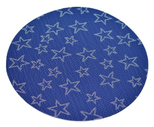 Rund tablett blå med vita stjärnor. Diameter 38 cm. Material polyester. - vävd
