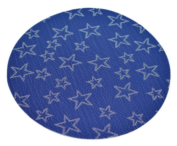 Rund tablett blå med vita stjärnor. Diameter 38 cm. Material polyester.