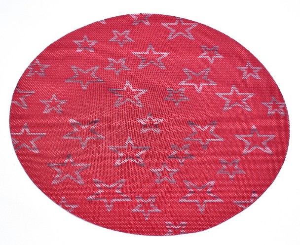 Rund tablett röd med vita stjärnor. Diameter 38 cm. Material polyester.
