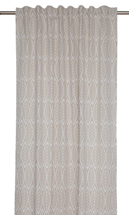 Blade ett gardinset i en lite grövre vävd polyester. Färg: Linnefärgad med tryckta vita blad.