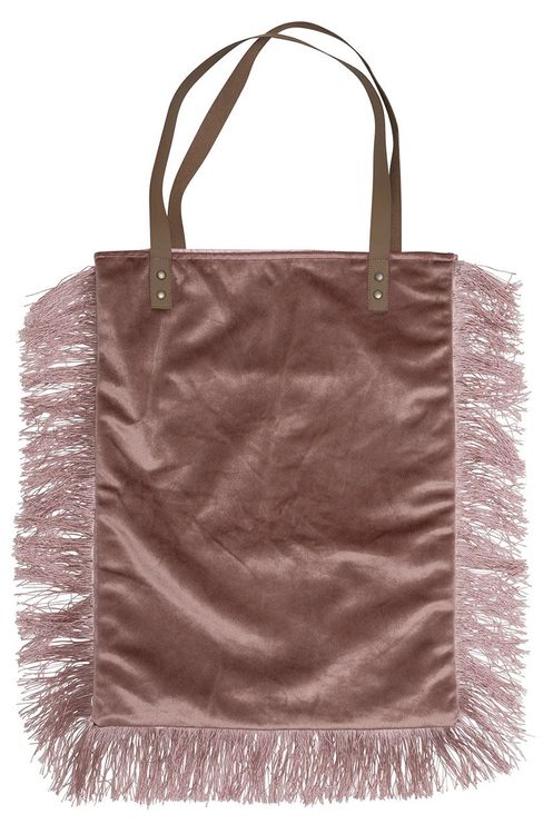 Champagne en lyxig handväska i sammet med fransar och handtag i konstläder. Färg: Rosa med fransar i samma färg.