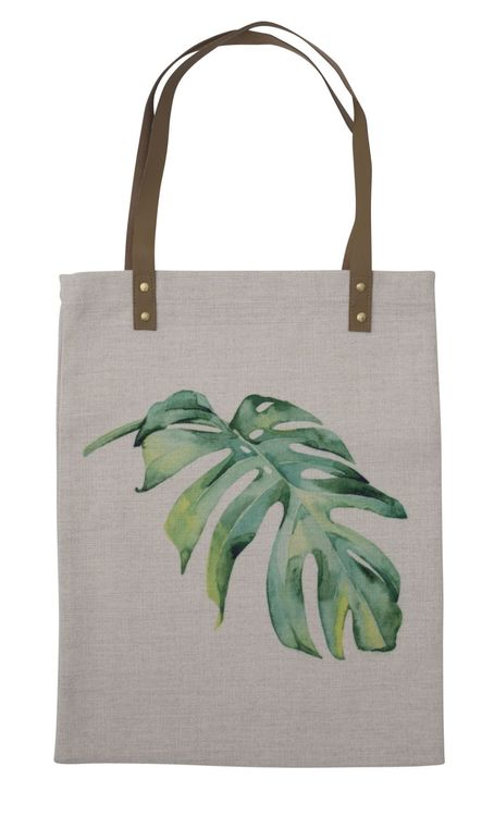 Leafe en liten shoppingväska med handtag i konstläder. Färg: Beige med ett grönt digitaltryck.