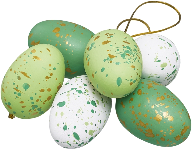 Stänk ägg i ett sexpack från Cult design att dekorera påskriset med. Färg: Vita, gröna och mörkgröna stänkmålade ägg.