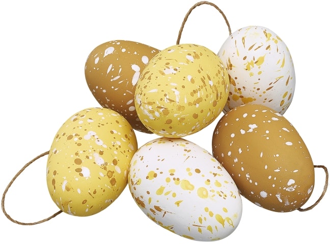 Stänk ägg i ett sexpack från Cult design att dekorera påskriset med. Färg: Vita, gula och ljusgula stänkmålade ägg.
