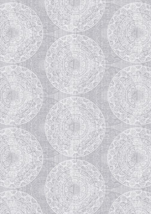 Mandala en vaxduk på metervara från Redlunds Färg: Grå med ett vitt mönster. Bredd 140 cm.