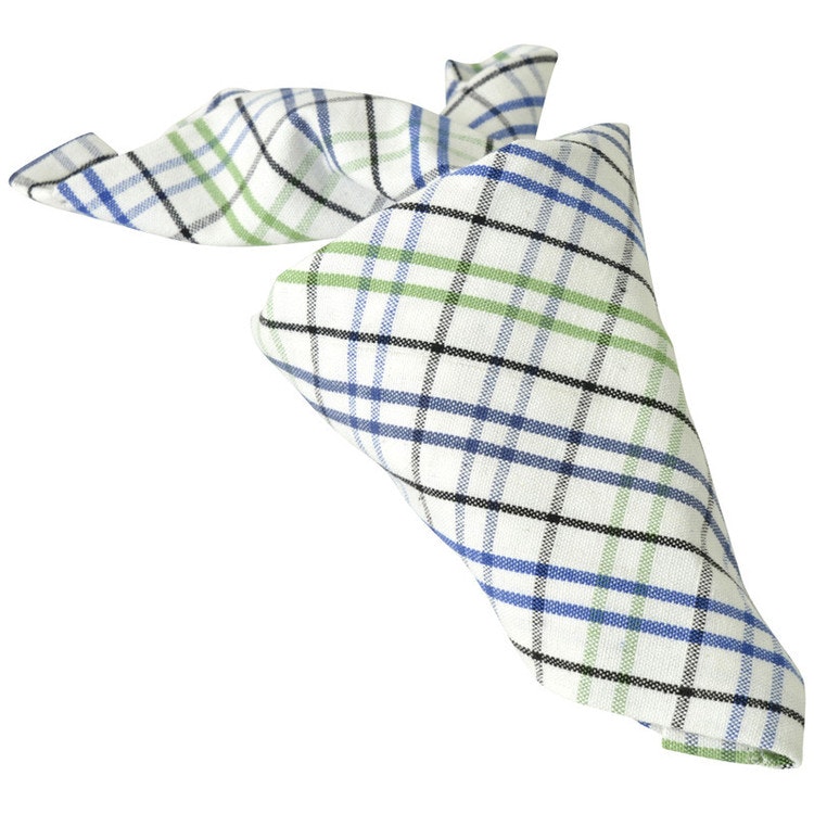 Sommarväv är en servett/liten duk i bomull. Färg: Vit med gröna, svarta och blå rutor.