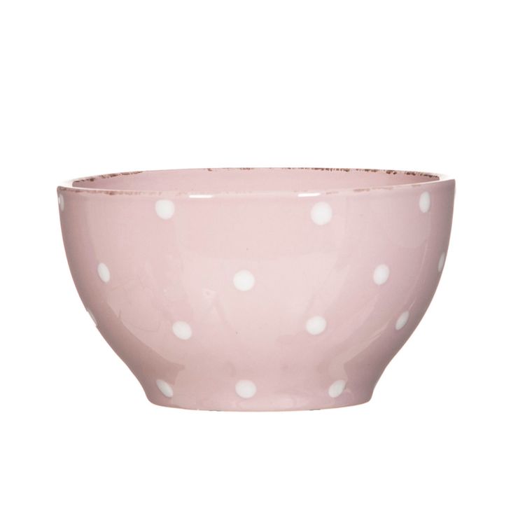 Frukostskål Milo i en ¨mixa och matchaservis¨ i rosa med vita prickar från Modern house.  Mått D 14 cm, H 7,5 cm.