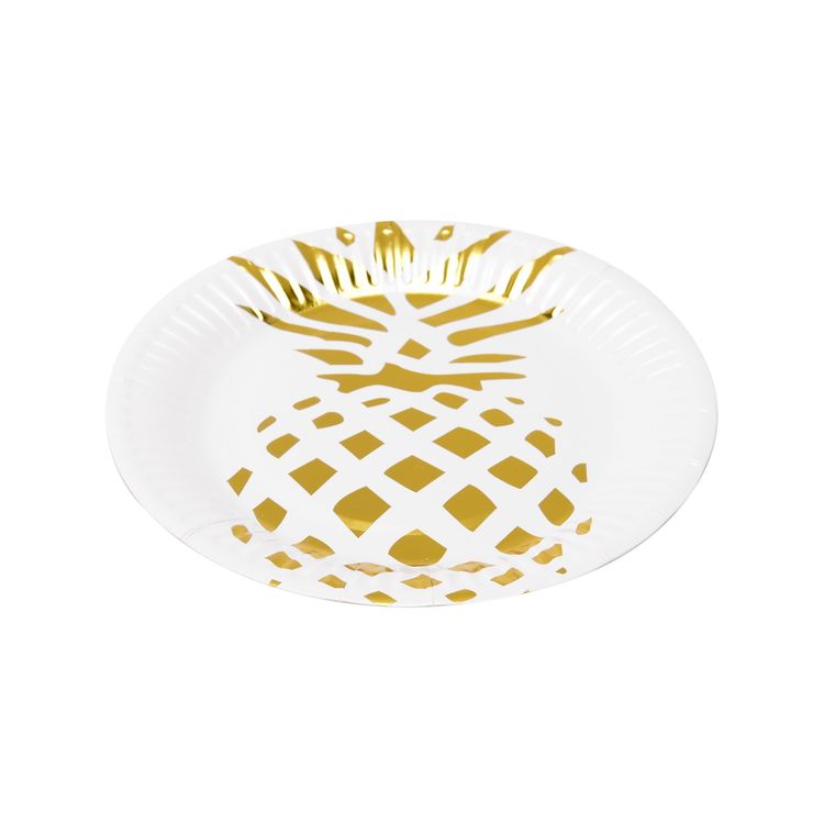 Popish Pinapple ett set med 6 st pappersassietter från Modern house. Färg: Vit med en guldfärgad ananas.
