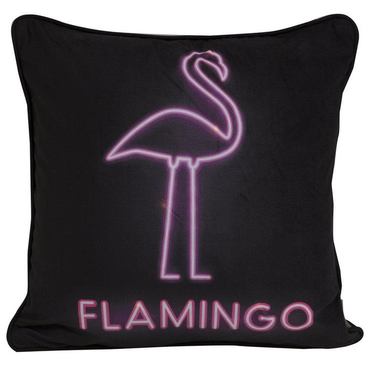 Flamingo ett kuddfodral i sammet med LED belysning, art.nr 9650-47-009. Färg: Svart med en rosa flamingo.