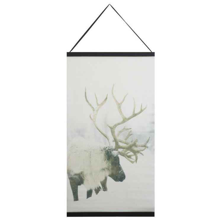 Ren en härlig julbonad i vitt med en ren i ett vinterskrud från Svanefors, mått 60 x 110 cm.