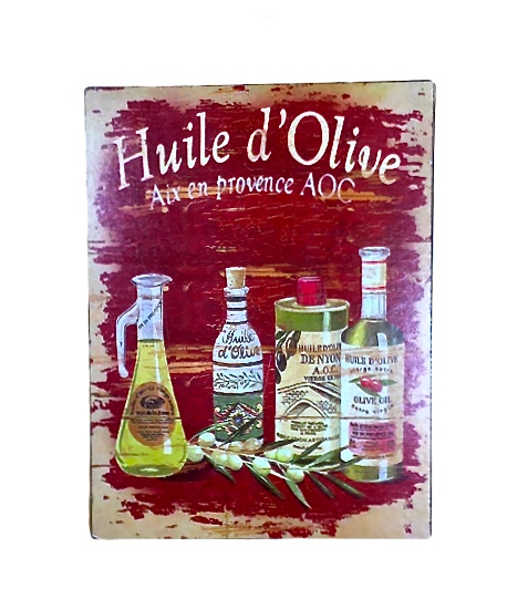 Huile d'Olive en plåttavla i gammal stil med patina. Färg: Röd, gul och grön.