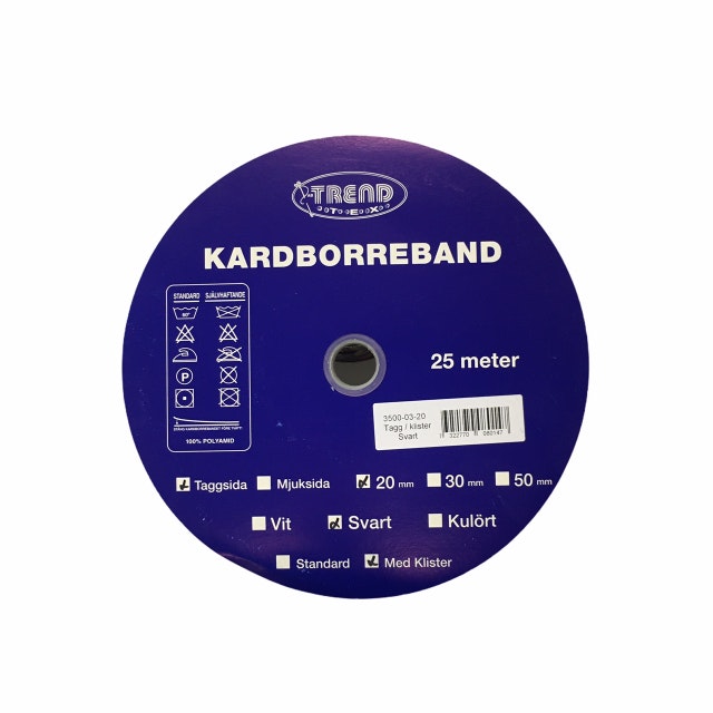 Kardborreband 20 mm, taggsida med klister. Färg: Svart.