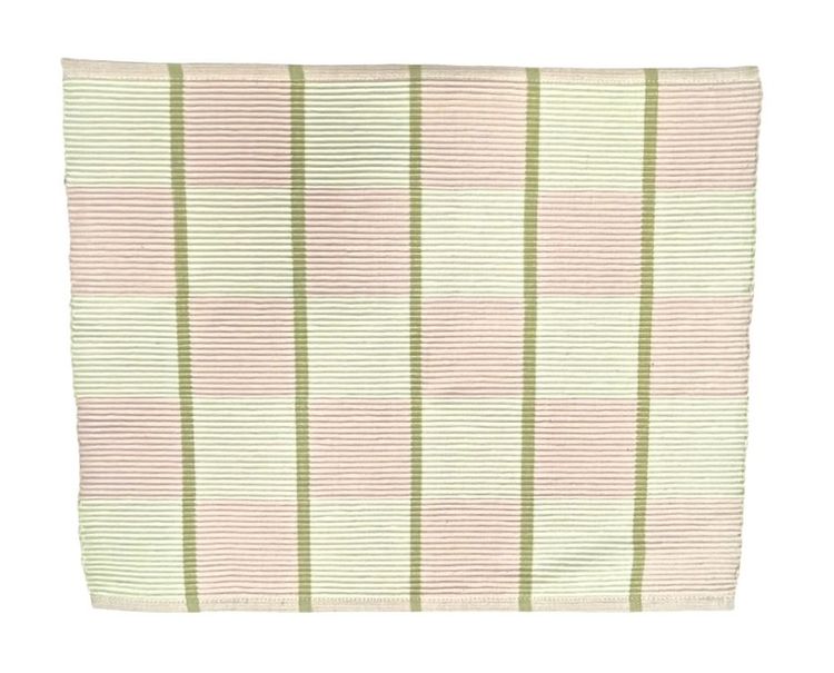Rips en tablett i bomull. Färg: Rosa och vitrutig (off-white) med gröna ränder..