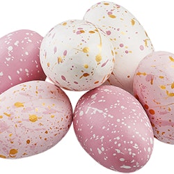 Stänk ägg i ett sexpack från Cult design att dekorera påskriset med. Färg: Rosa och vita stänkmålade ägg.