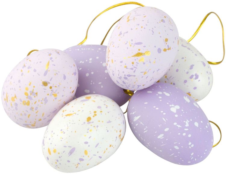 Stänk ägg i ett sexpack från Cult design att dekorera påskriset med. Färg: Lila och vita stänkmålade ägg.