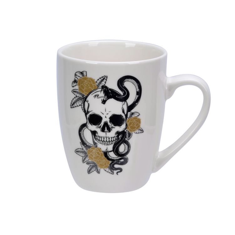 Skulls and snakes en kaffe/te/chokladmugg från Modern house. Färg: Vit med ett tryck i svart och guld.