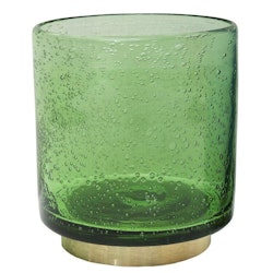 Bubbles en ljuslykta i glas med en fot i mässing. Färg: Grön med en fot i mässing.