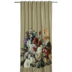 Flores ett gardinset i sammet med multiband. Färg: Beige botten med färglada blommor.