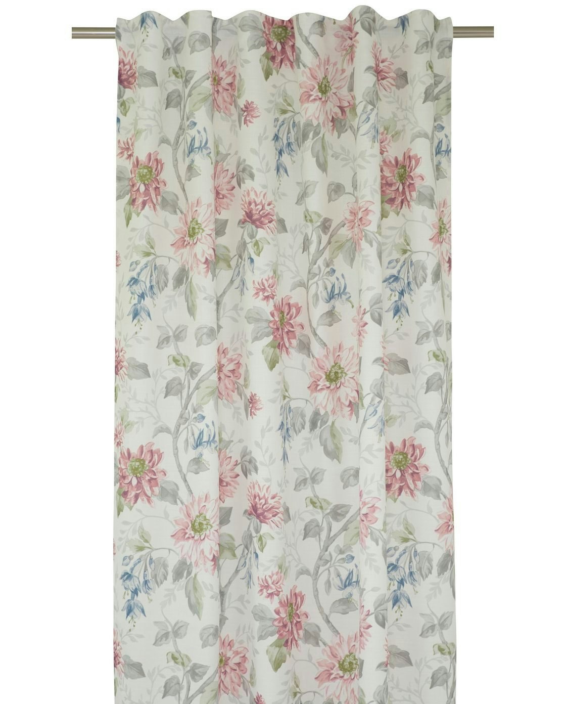 Diania ett vitt, rosa och grått gardinset med vackra blommor och multiband.från Svanefors, mått 2 x 135 x 260 cm.
