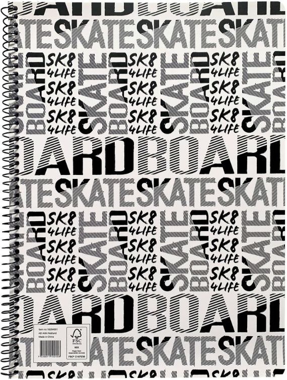 Skateboard ett linjerat kollegieblock i vitt och svart i A4 storlek från Hedlundgruppen.