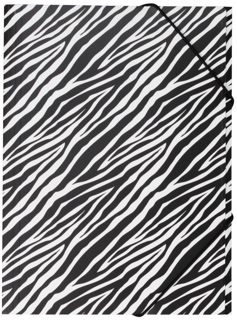Zebra en gummibandsmapp i ett vitt och svart zebramönster i A4 storlek från Hedlundgruppen, mappen är FSC godkänd.