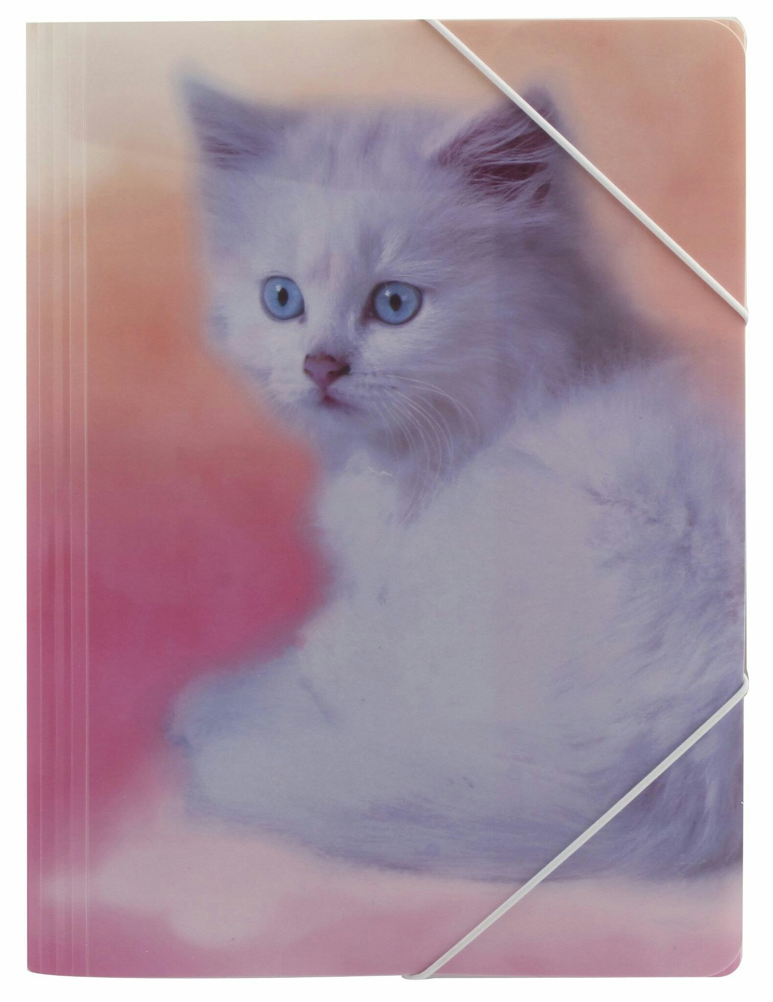 Kattunge en gummibandsmapp i A4 storlek i rosa med en söt vit kattunge, från Pepper pot.