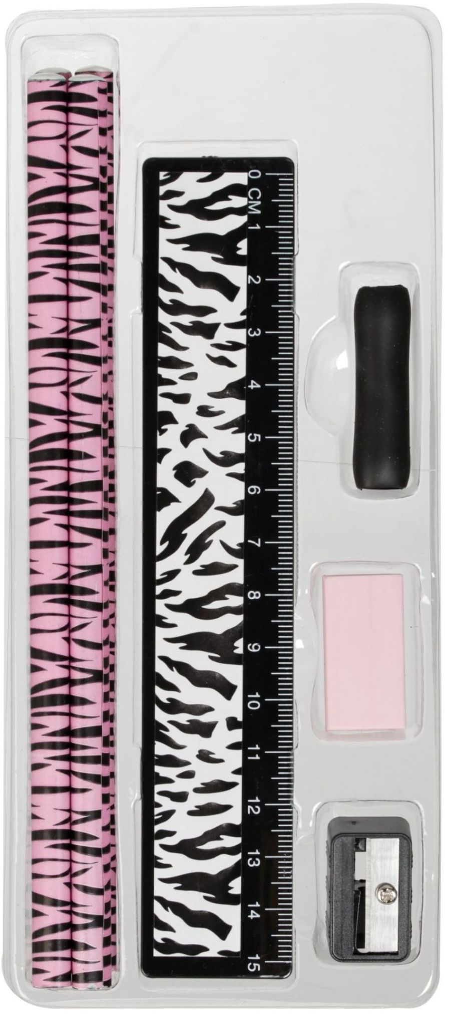 Wild ett skrivset i 8 delar med pennor, suddgummi, linjal och pennvässare. Färg: Rosa, svart och vitt.