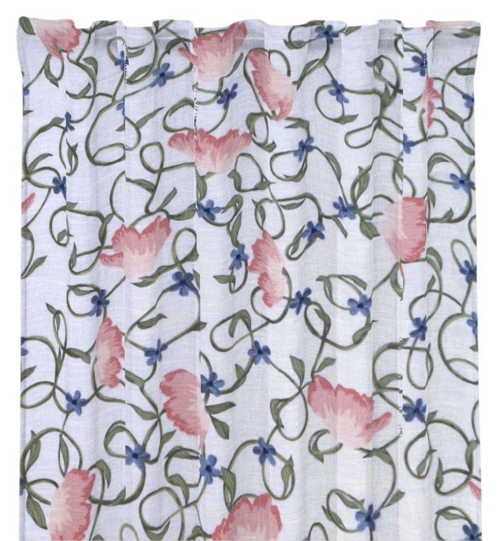 Virvel ett vitt gardinset med rosa blommor och gröna blad med multiband i  100% bomull från Redlunds textil, mått 2 x 145 x 240 cm. - Roomoutlet.se -  Textilier och inredning i Karlstad