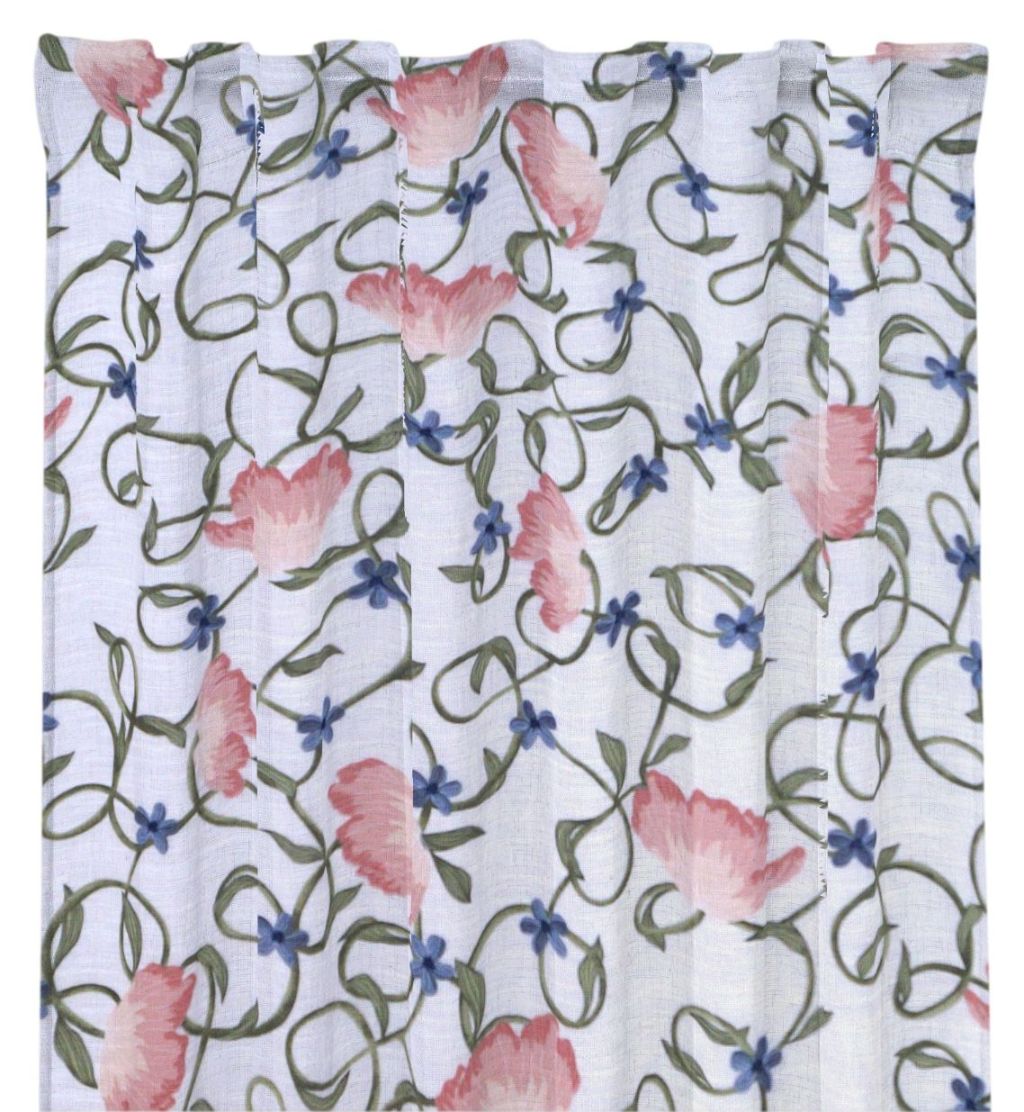 Virvel ett vitt gardinset med rosa blommor och gröna blad med multiband i 100% bomull från Redlunds textil, mått 2 x 145 x 240 cm.