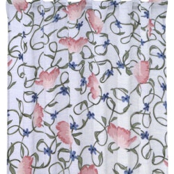 Virvel ett vitt gardinset med rosa blommor och gröna blad med multiband i 100% bomull från Redlunds textil, mått 2 x 145 x 240 cm.
