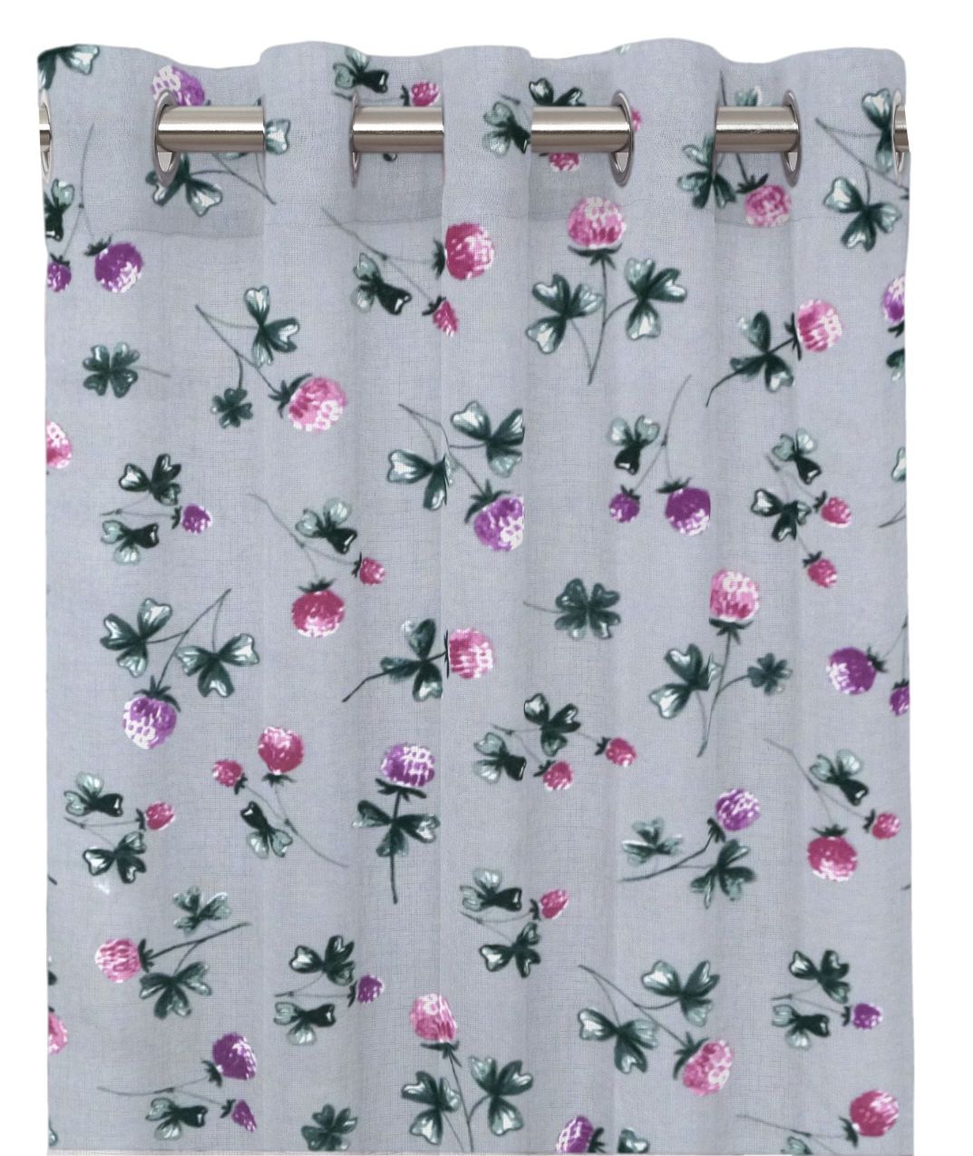 Klöver ett gardinset med öljetter från Redlunds textil. Färg: Grå botten med rosa och lila klöverblommor.