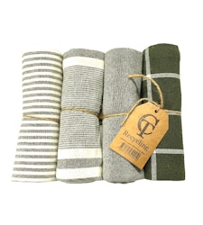 Kökshandduk från Classic textile i återvunna textilier. Färg: Olivgrön och vitrandig.