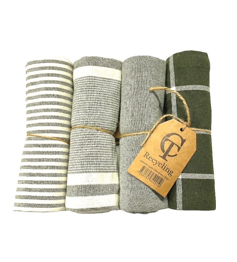 Kökshandduk från Classic textile i återvunna textilier. Färg: Olivgrön och vitrutig.