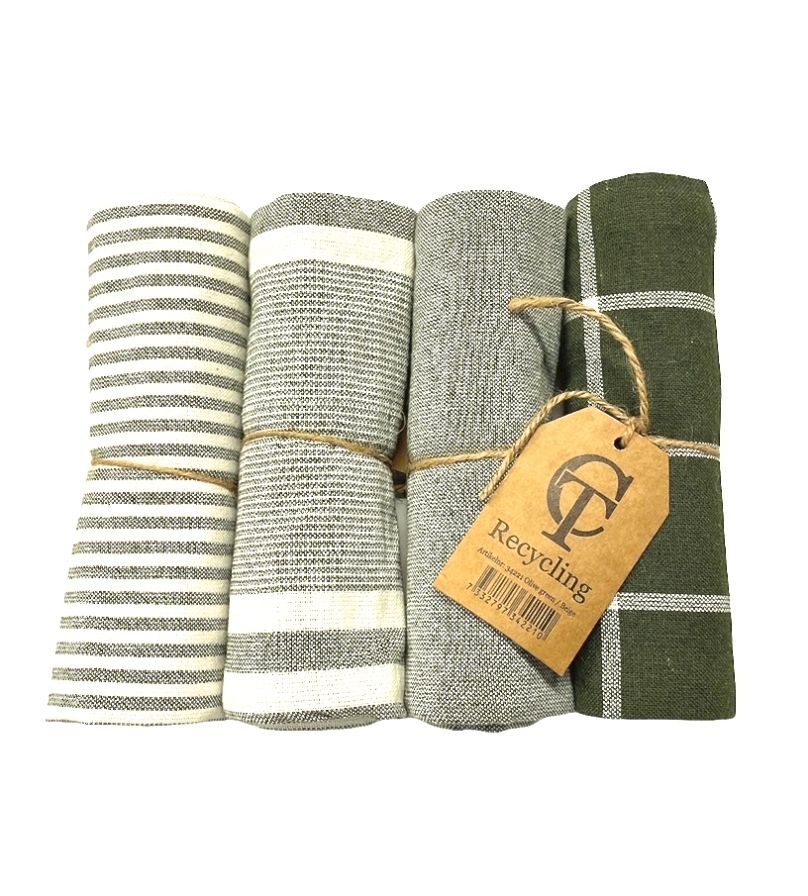 Kökshandduk från Classic textile i återvunna textilier. Färg: Olivgrön och vitrandig.