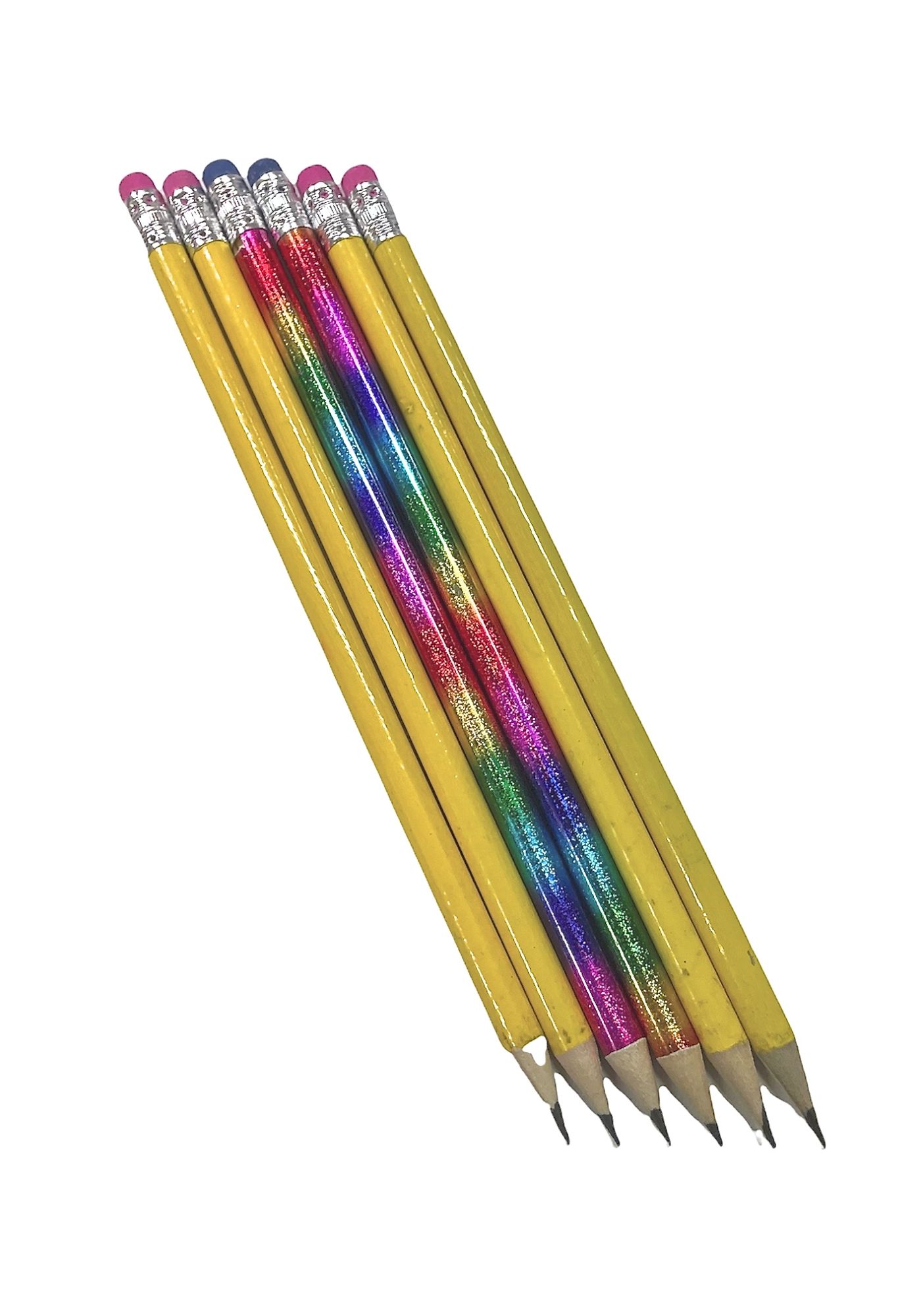 Pennset med 6 blyertspennor med suddtopp, 4 st gula och 2 regnbågsfärgade från Hedlundgruppen.