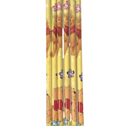 Nalle Puh ett pennset med 6 blyertspennor med suddtopp. Färg: Gula med ett Nalle Puhmönster.
