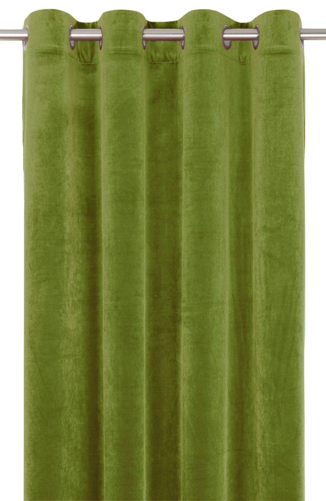 Elise ett grönt gardinset i sammet med öljetter från Svanefors.