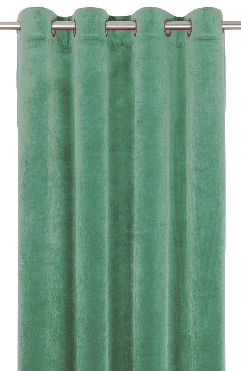 Elise ett ljusgrönt gardinset i sammet med öljetter från Svanefors.