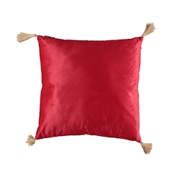 Casper ett kuddfodral i sammet med tofsar från Noble house. Färg: Röd sammet med jutefärgade tofsar.