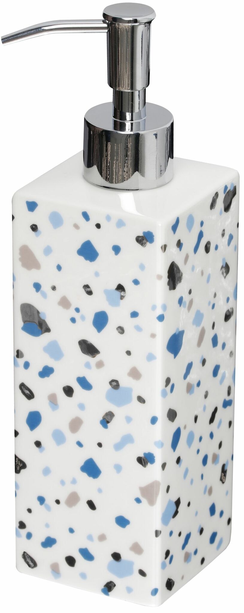 Terrazzo en tvål/diskmedelspump från Cult design. Färg: Vit med ett blått och silvermönster med en silverfärgad pump.