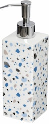 Terrazzo en tvål/diskmedelspump från Cult design. Färg: Vit med ett blått och silvermönster med en silverfärgad pump.