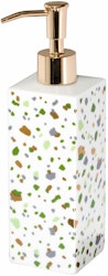 Terrazzo en tvål/diskmedelspump från Cult design. Färg: Vit med ett grönt och guldmönster med en guldfärgad pump.
